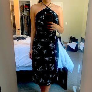 Reformation black floral backless halter dress